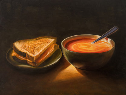 Grilled Cheese & Tomato Soup Fine Art Print by Lauren Pretorius: a bowl of tomato soup and a grilled cheese sandwich, with a spoon resting in the soup.