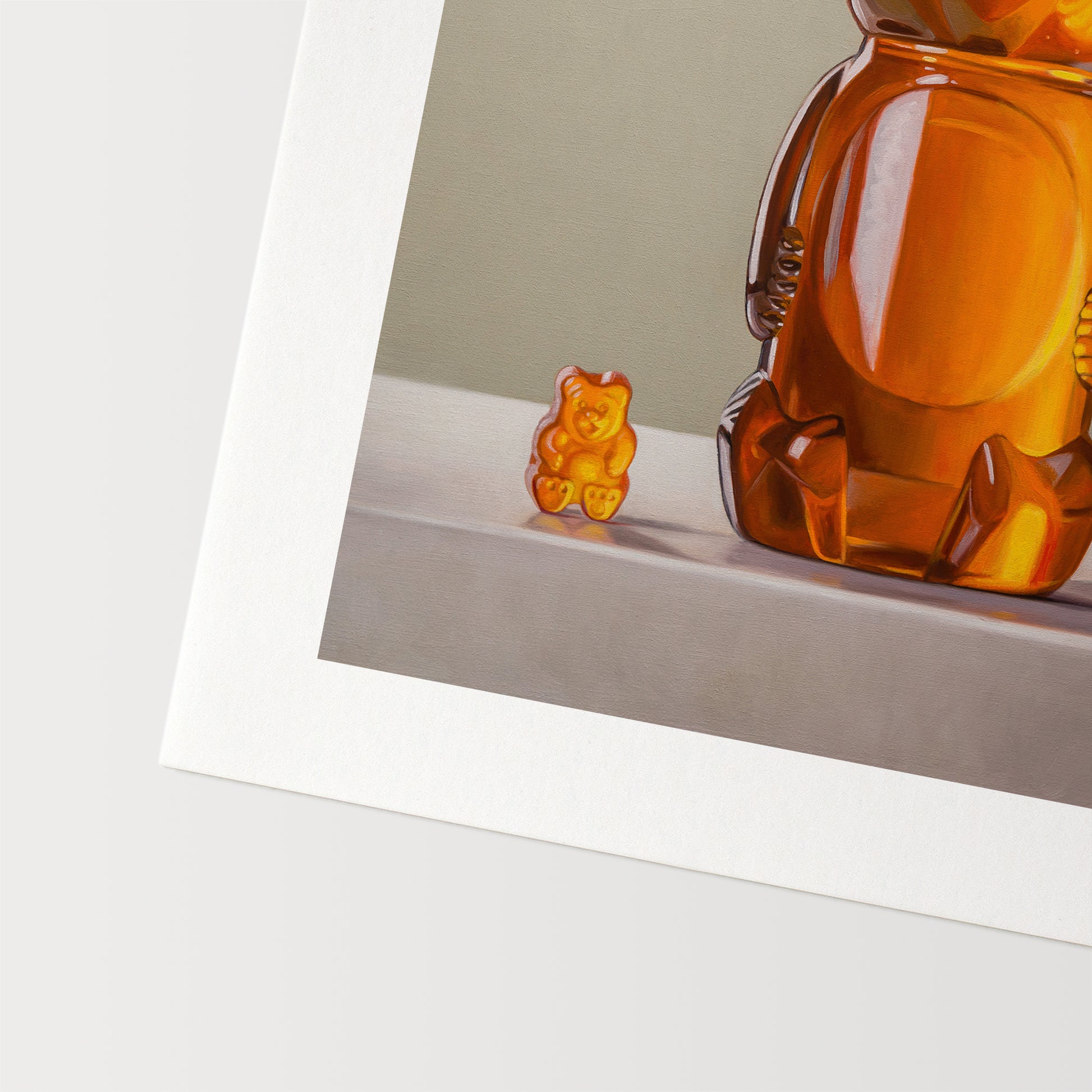 Gummy Bear & Honey Bear Fine Art Print by Lauren Pretorius: a honey bear jar with a gummy bear on a neutral background