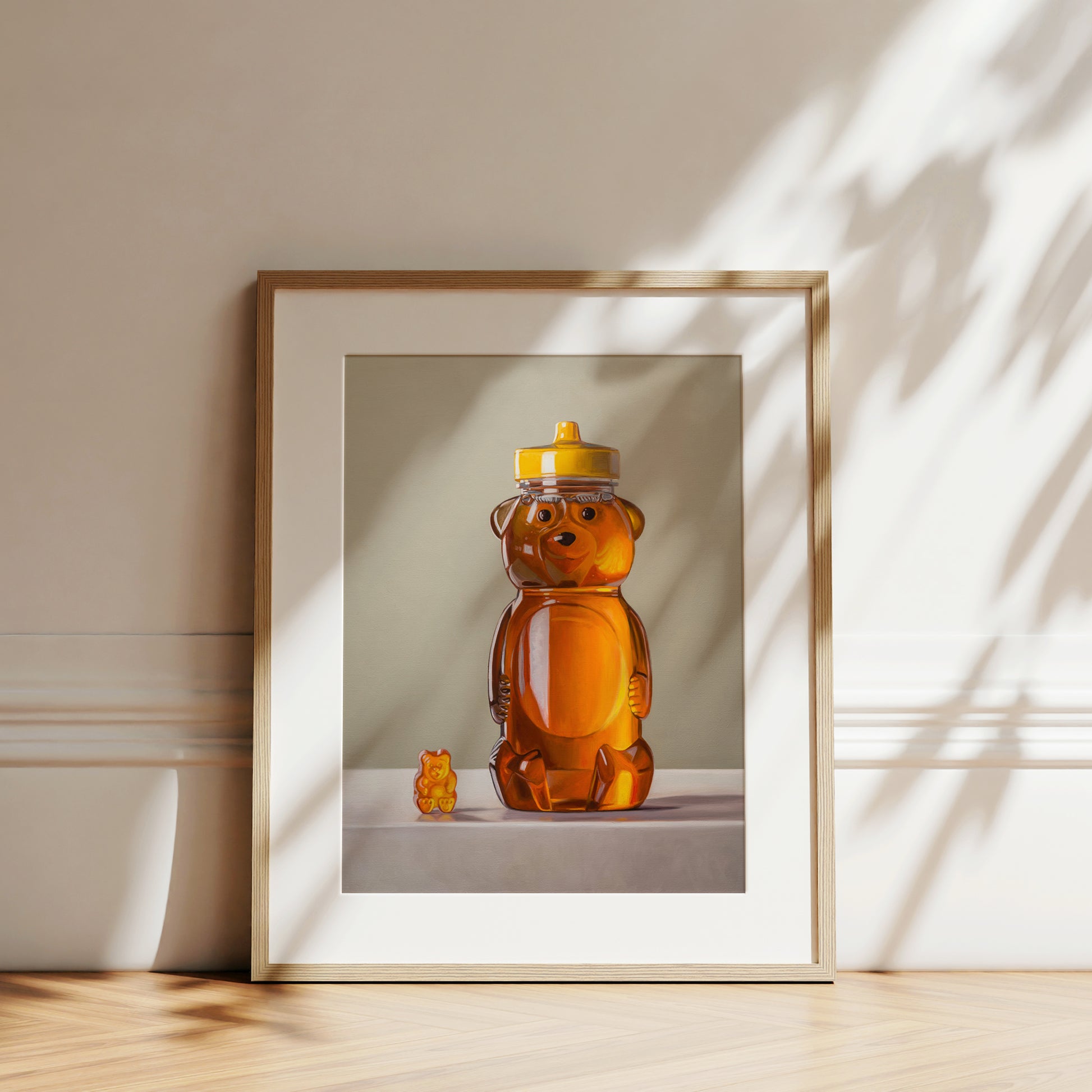 Gummy Bear & Honey Bear Fine Art Print by Lauren Pretorius: a honey bear jar with a gummy bear on a neutral background