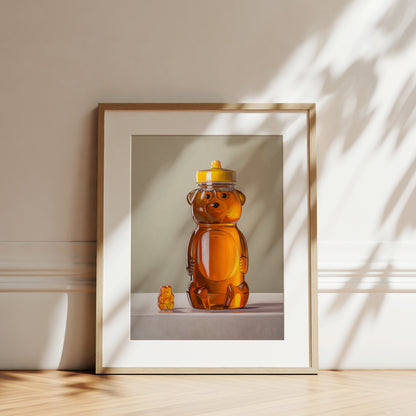 Gummy Bear & Honey Bear Fine Art Print by Lauren Pretorius: a honey bear jar with a gummy bear on a neutral background