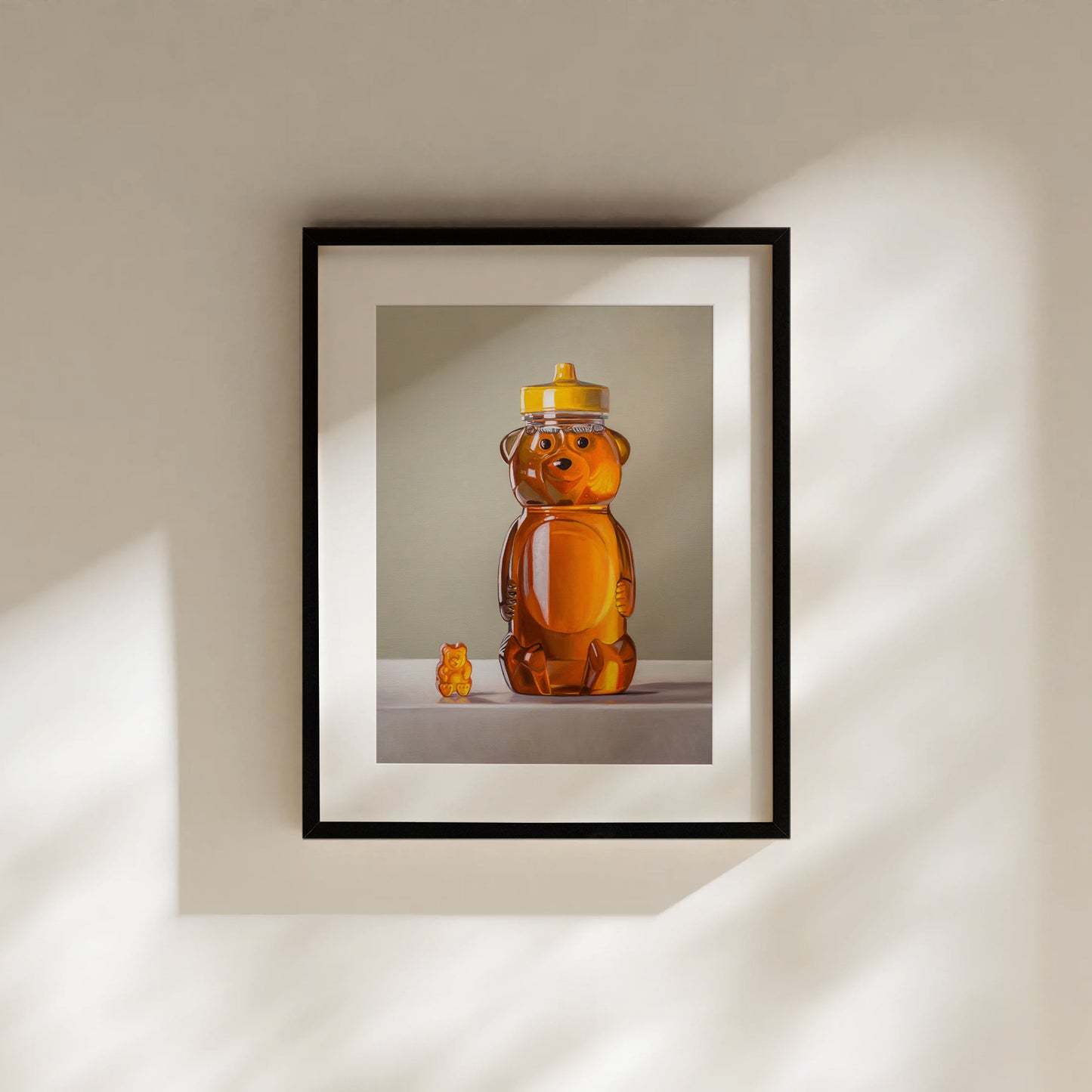 Gummy Bear & Honey Bear Fine Art Print by Lauren Pretorius: a honey bear jar with a gummy bear on a neutral background
