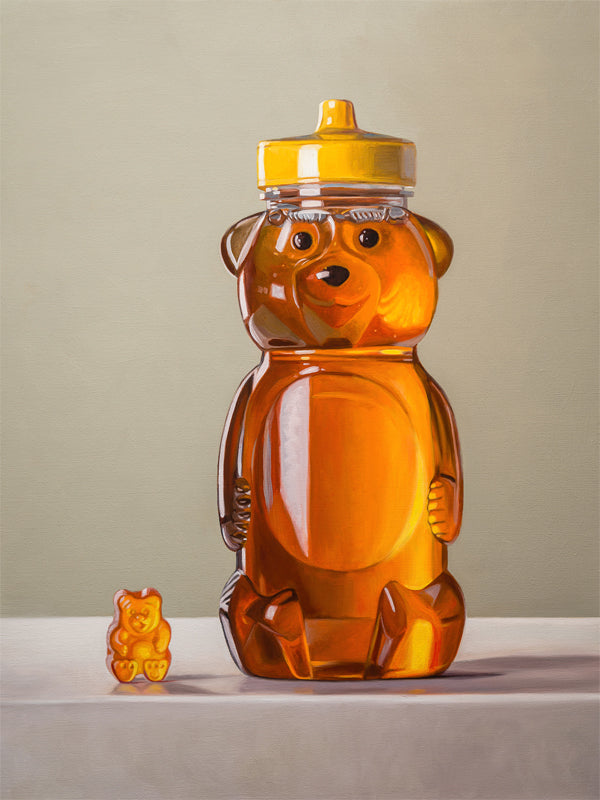 Gummy Bear & Honey Bear Fine Art Print by Lauren Pretorius: a honey bear jar with a gummy bear on a neutral background
