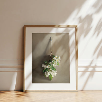 Hanging Apple Blossoms Fine Art Print by Lauren Pretorius: a branch of crabapple blossoms hanging adjacent to a warm grey surface.