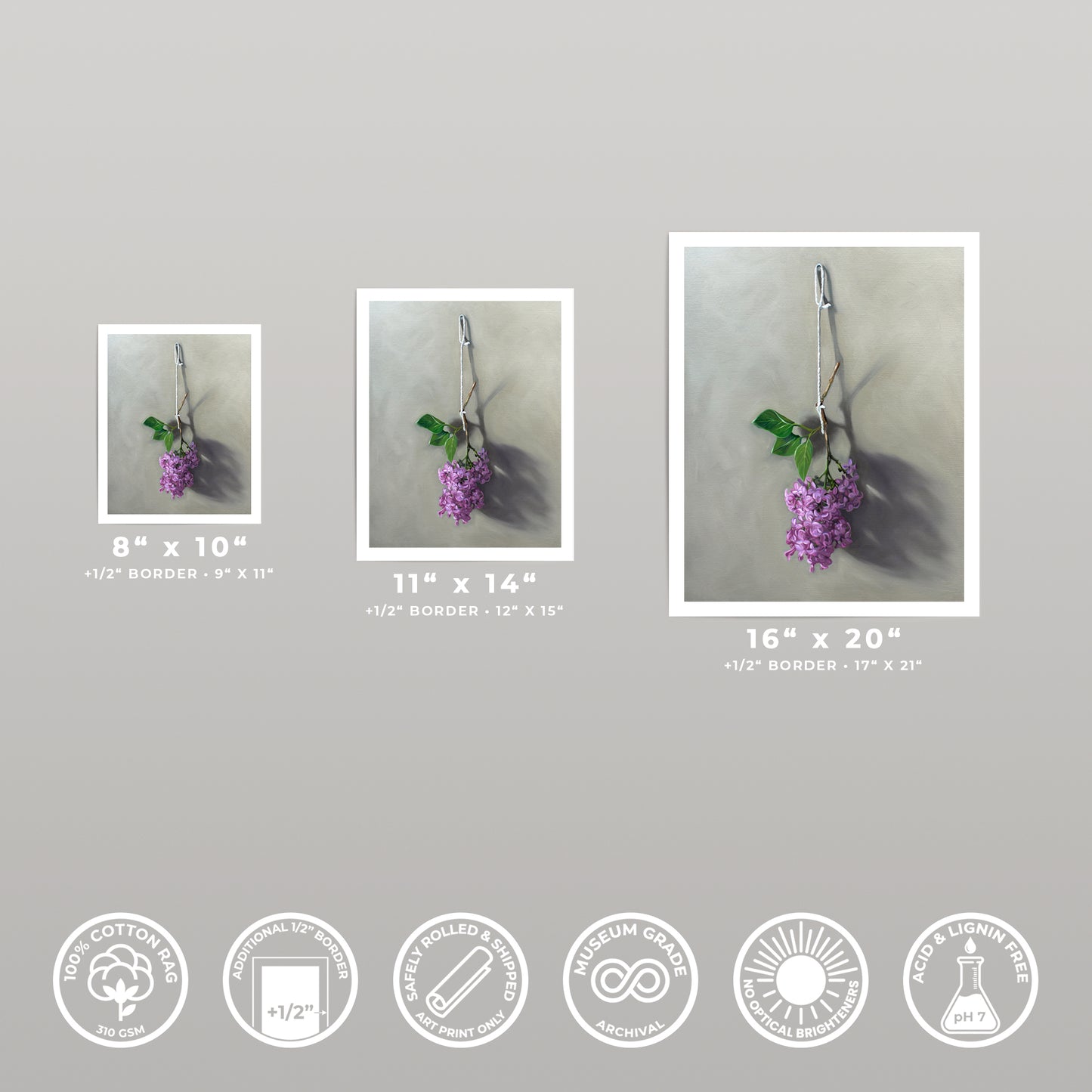 Three fine art prints of hanging purple lilac blossoms in 8x10, 11x14, and 16x20 sizes.