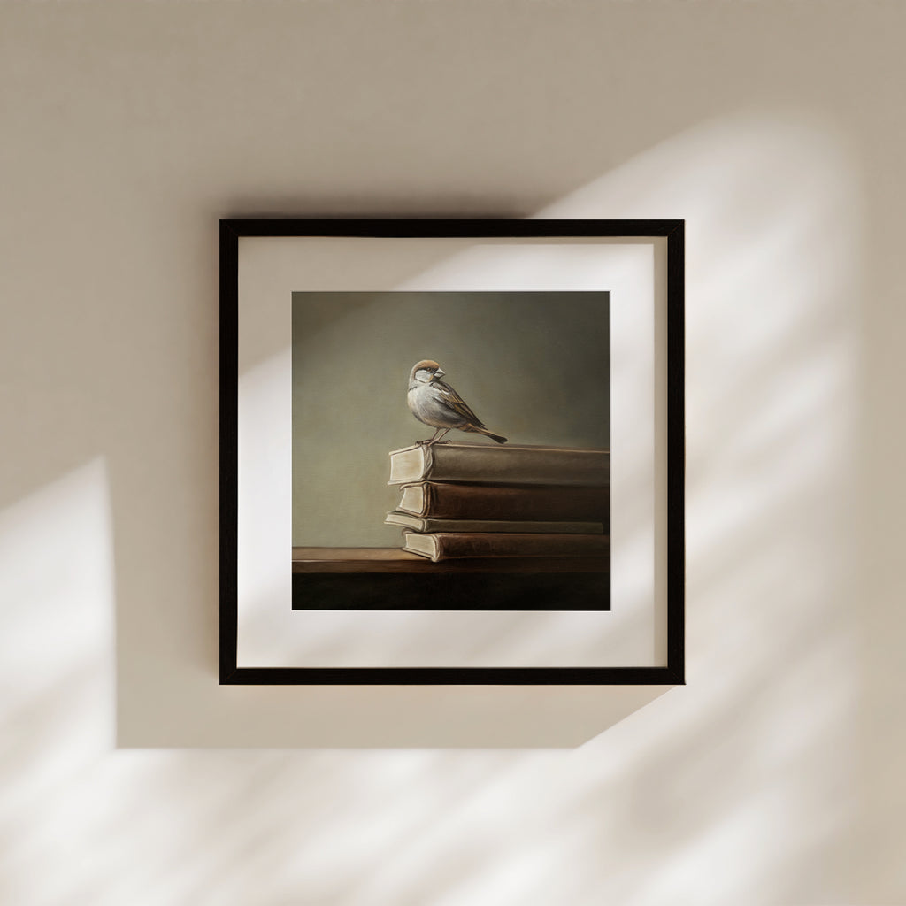 This artwork features a male sparrow perched on the edge of a stack of vintage books.