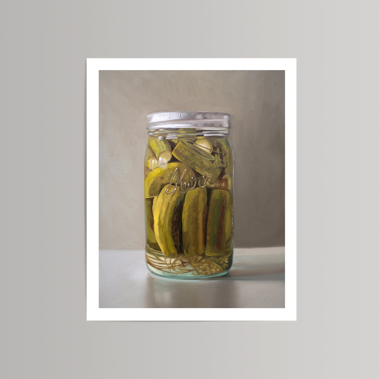 Oil painting print of a clear mason jar filled with green pickles, garlic, and dill, on a neutral background.
