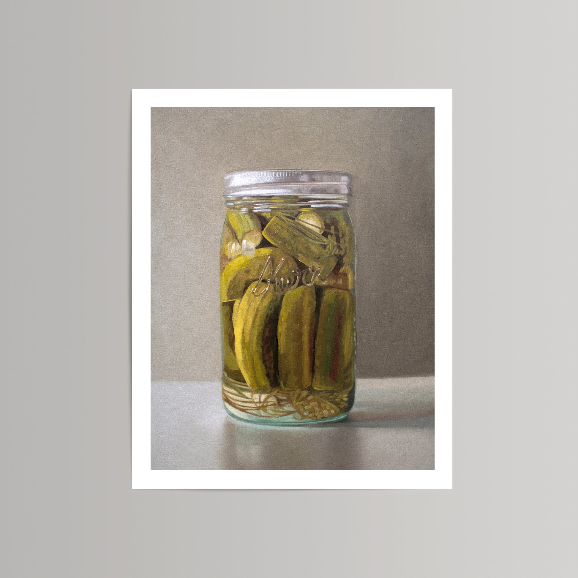 Oil painting print of a clear mason jar filled with green pickles, garlic, and dill, on a neutral background.