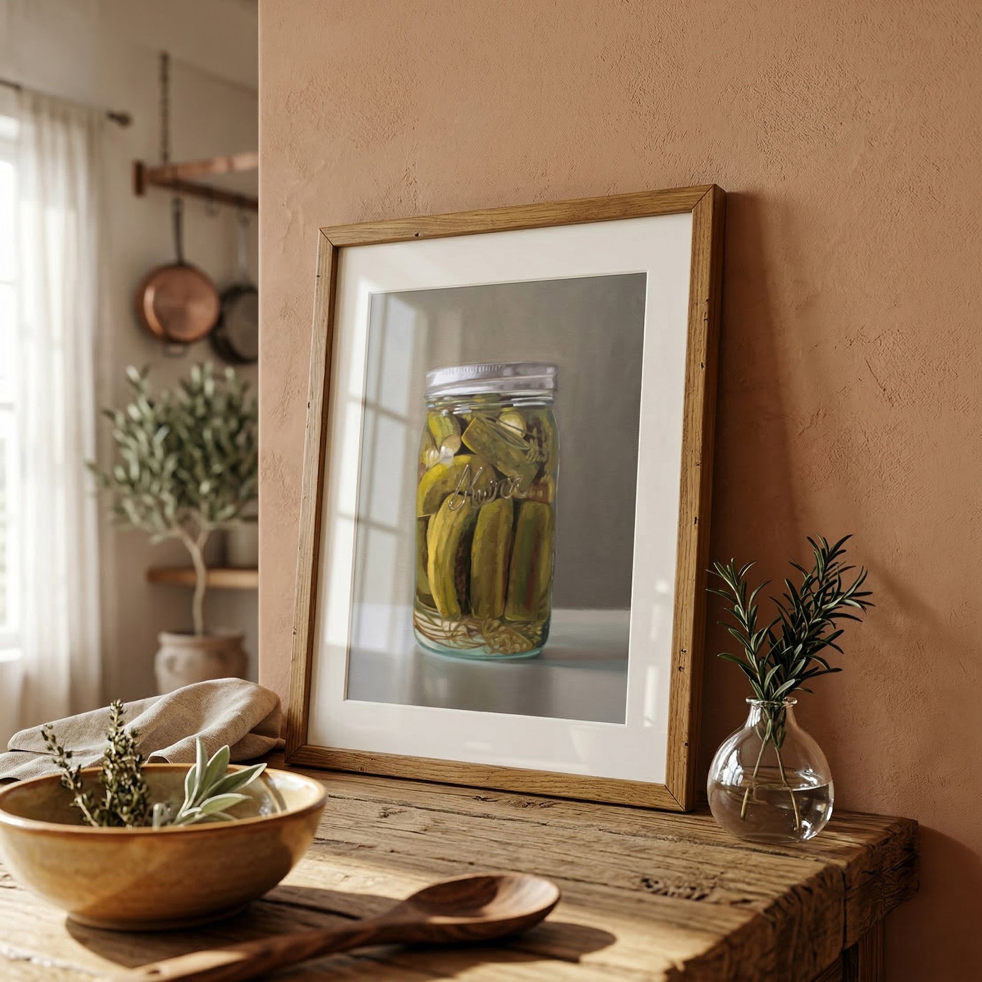 Framed fine art print of a jar of homemade pickles, displayed on a rustic wooden shelf.