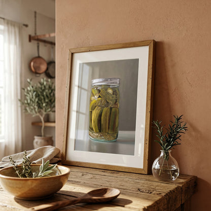 Framed fine art print of a jar of homemade pickles, displayed on a rustic wooden shelf.