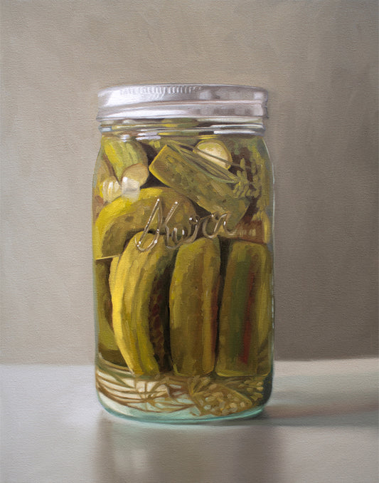 Realistic fine art print of a clear mason jar filled with green homemade pickles and a silver lid.