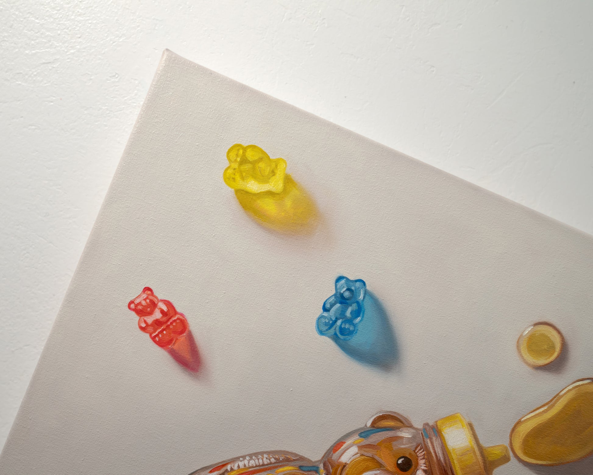 Honey Bear & Gummy Bear Trio 12" x 12" Original Oil Painting by Lauren Pretorius: a honey bear bottle with gummy bear candies on a light background