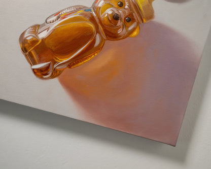 Honey Bear & Gummy Bear Trio 12" x 12" Original Oil Painting by Lauren Pretorius: a honey bear bottle with gummy bear candies on a light background