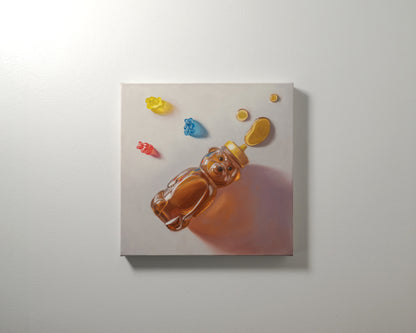 Honey Bear & Gummy Bear Trio 12" x 12" Original Oil Painting by Lauren Pretorius: a honey bear bottle with gummy bear candies on a light background