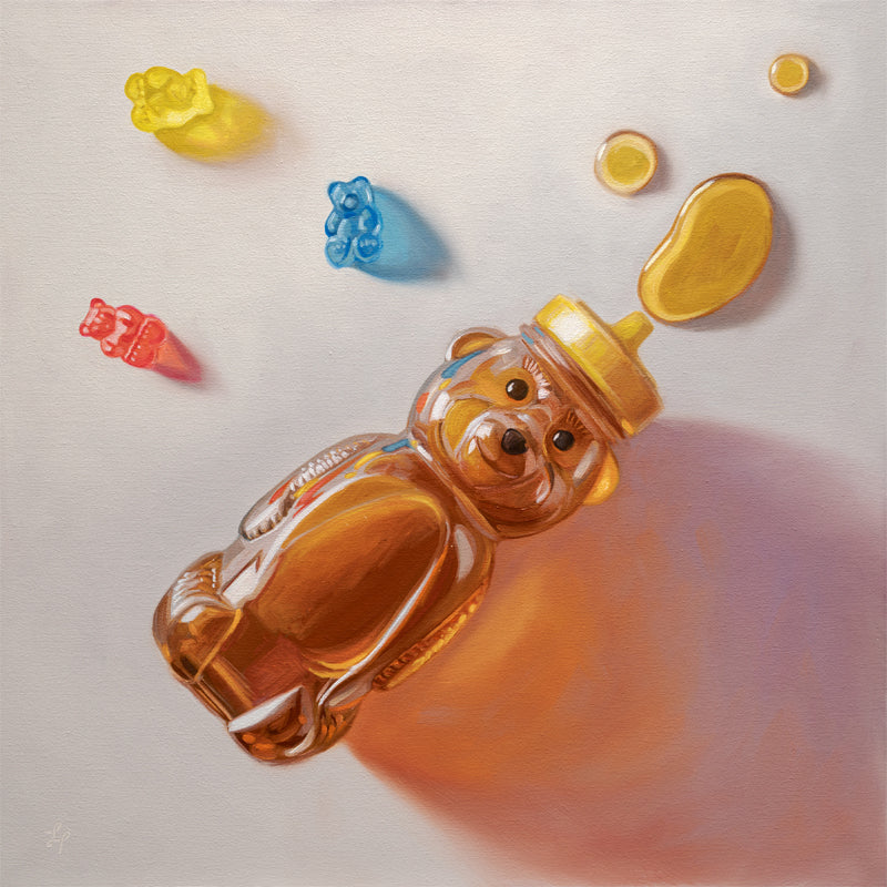 Honey Bear & Gummy Bear Trio 12" x 12" Original Oil Painting by Lauren Pretorius: a honey bear bottle with gummy bear candies on a light background