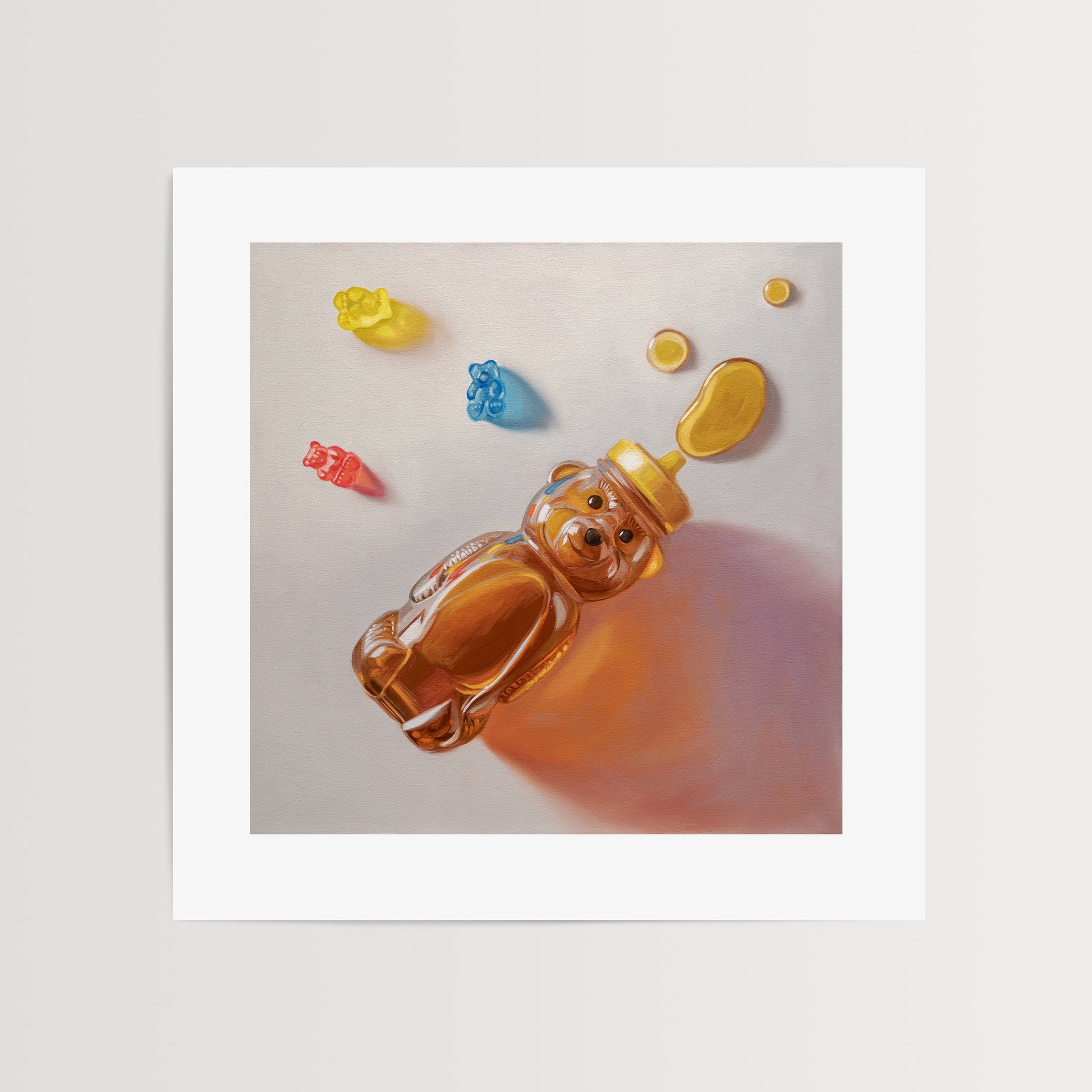 Honey Bear & Gummy Bear Trio Fine Art Print by Lauren Pretorius: a honey bear bottle with gummy bear candies on a light background