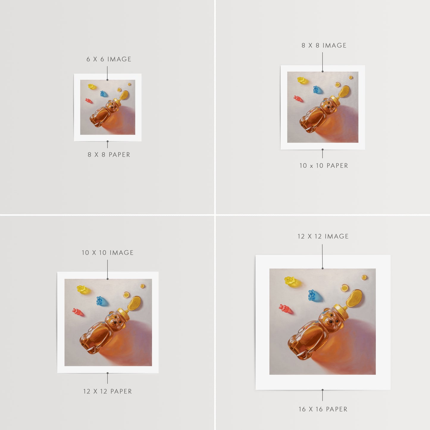 Honey Bear & Gummy Bear Trio Fine Art Print by Lauren Pretorius: a honey bear bottle with gummy bear candies on a light background