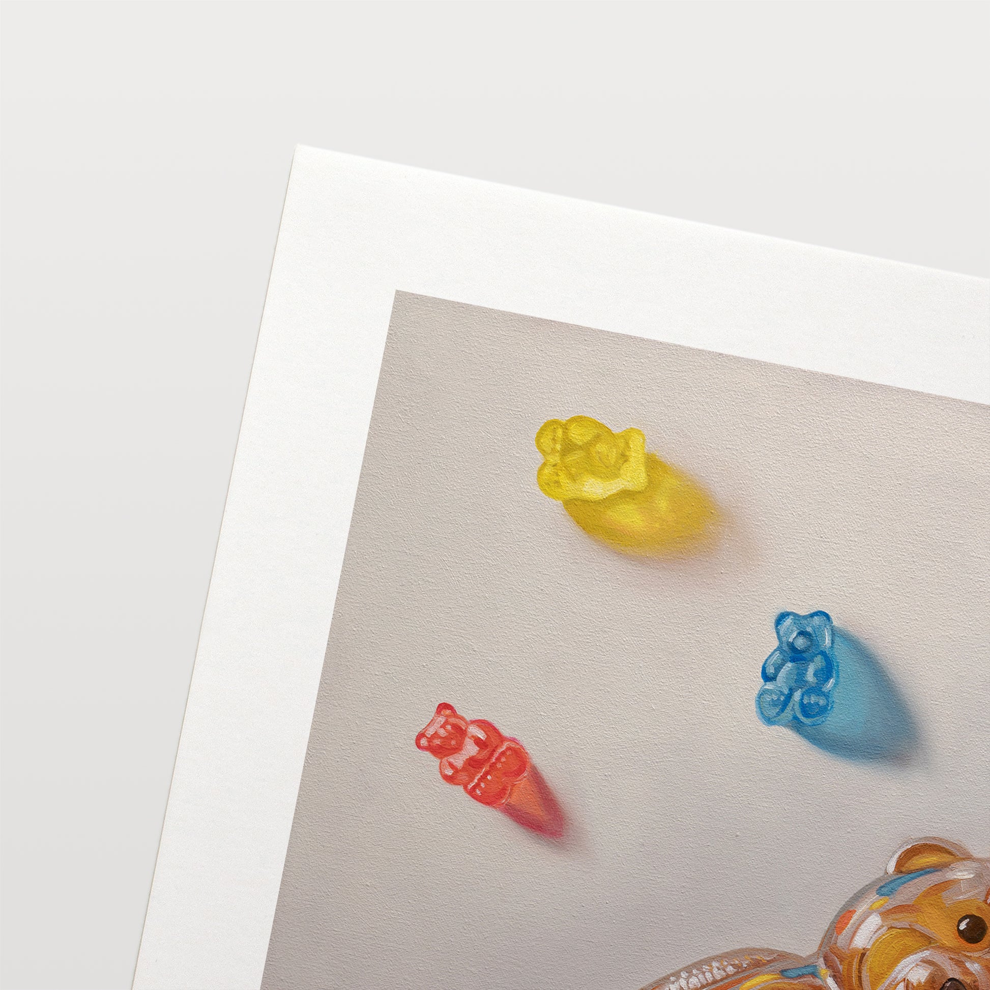 Honey Bear & Gummy Bear Trio Fine Art Print by Lauren Pretorius: a honey bear bottle with gummy bear candies on a light background