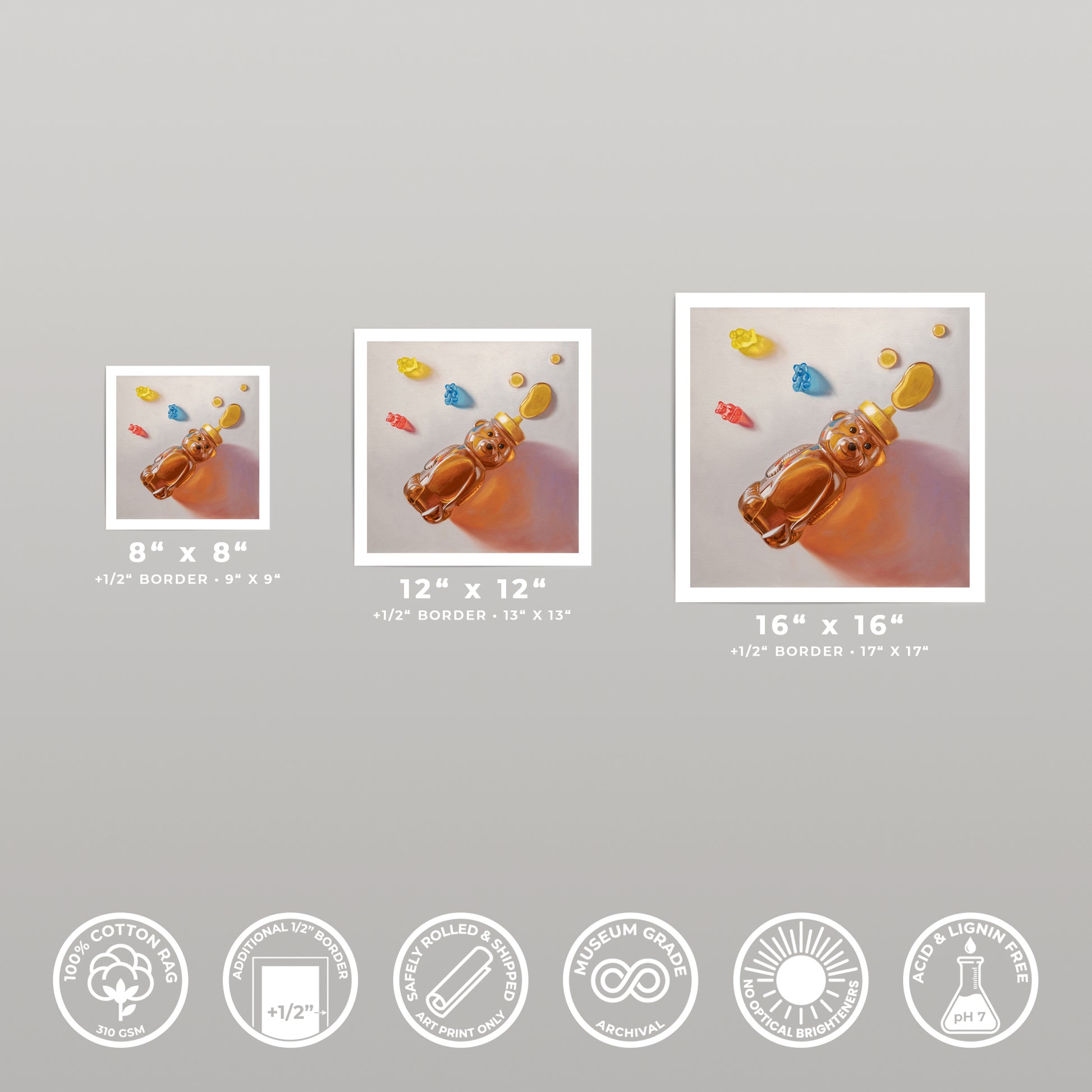 Three art prints of a honey bear and gummy bears, showcasing 8x8, 12x12, and 16x16 sizes.
