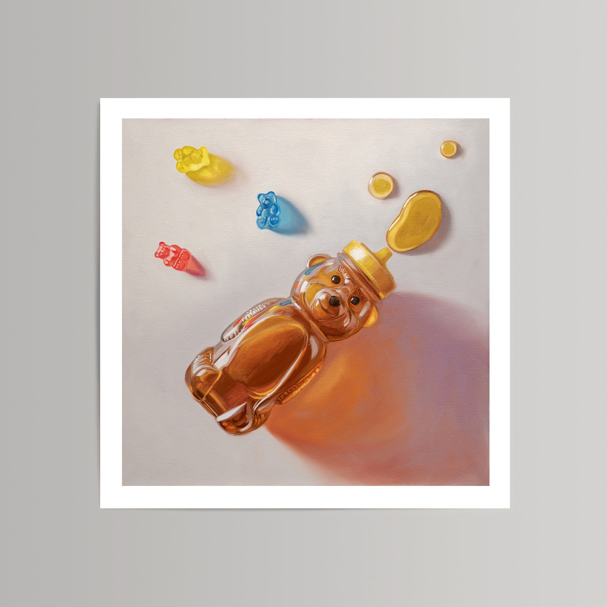Fine art print of a honey bear bottle, honey drops, and colorful gummy bears on a white background.