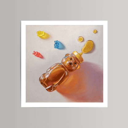 Fine art print of a honey bear bottle, honey drops, and colorful gummy bears on a white background.
