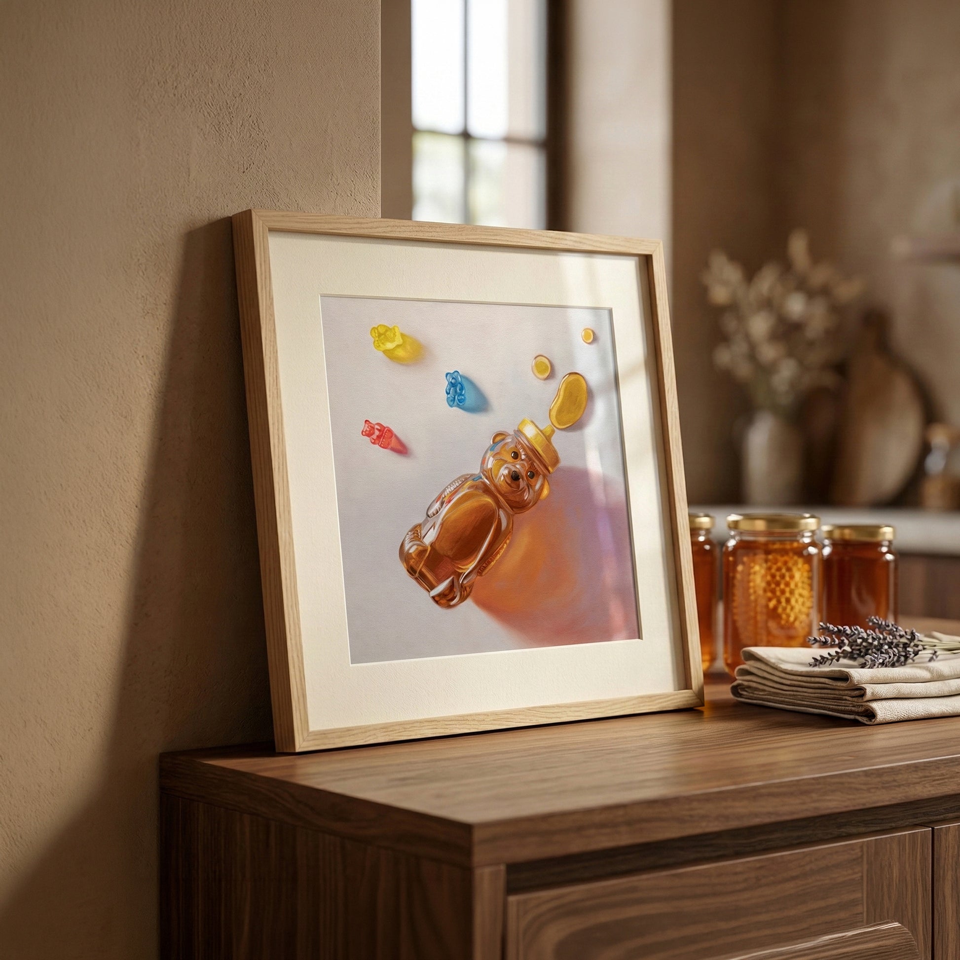 Framed art print of a honey bear bottle, yellow dipper, and colorful gummy bears on a light background.