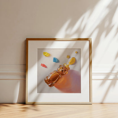 Framed fine art print of a honey bear bottle, honey, and colorful gummy bears on cotton rag paper.