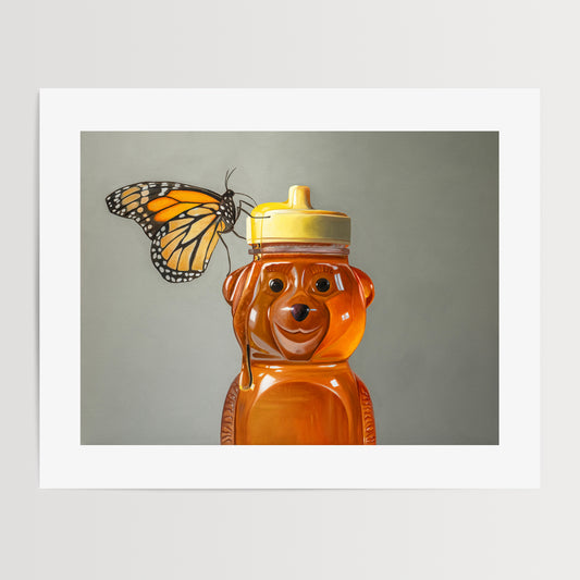 Honey Bear & Monarch Butterfly Fine Art Print by Lauren Pretorius: a bottle of honey in the shape of a bear with a monarch butterfly perched on its lid enjoying some honey.