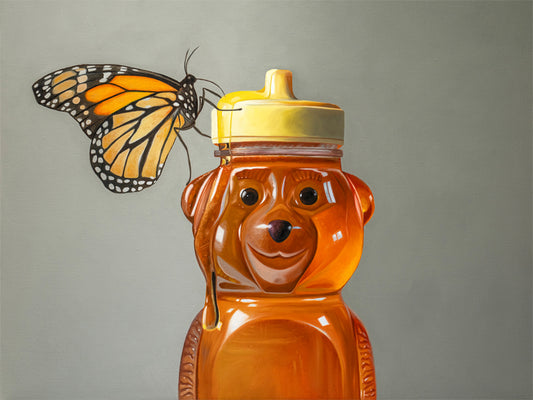 Honey Bear & Monarch Butterfly Fine Art Print by Lauren Pretorius: a bottle of honey in the shape of a bear with a monarch butterfly perched on its lid enjoying some honey.