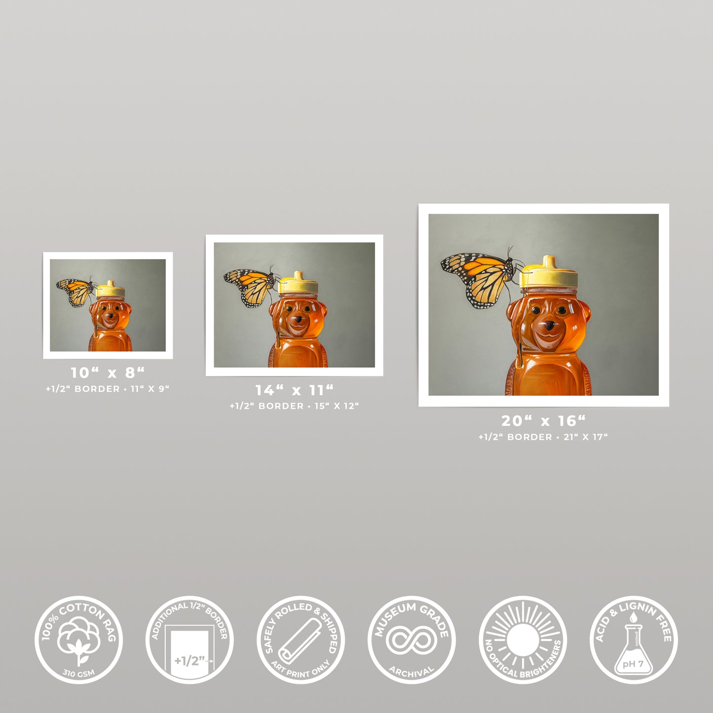Three art prints of a monarch butterfly on a honey bear, shown in 10x8, 14x11, and 20x16 sizes.