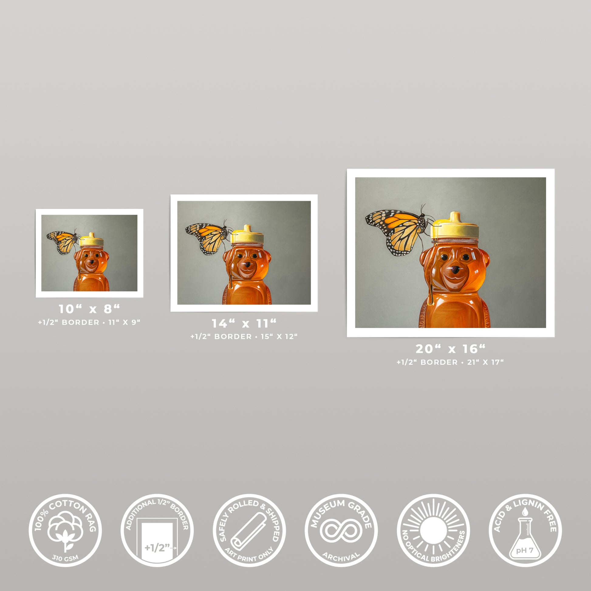 Three art prints of a monarch butterfly on a honey bear, shown in 10x8, 14x11, and 20x16 sizes.