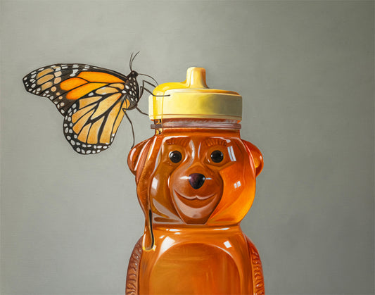 Realistic fine art print of a monarch butterfly perched on a honey bear bottle, against a gray background.