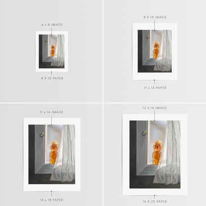 Honey & Bee at the Window Fine Art Print by Lauren Pretorius: a curious bee inspecting a bottle of honey resting in an open window.