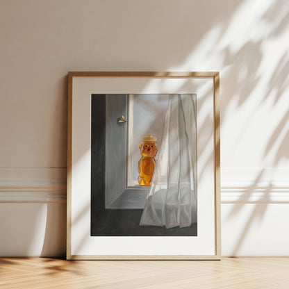 Honey & Bee at the Window Fine Art Print by Lauren Pretorius: a curious bee inspecting a bottle of honey resting in an open window.