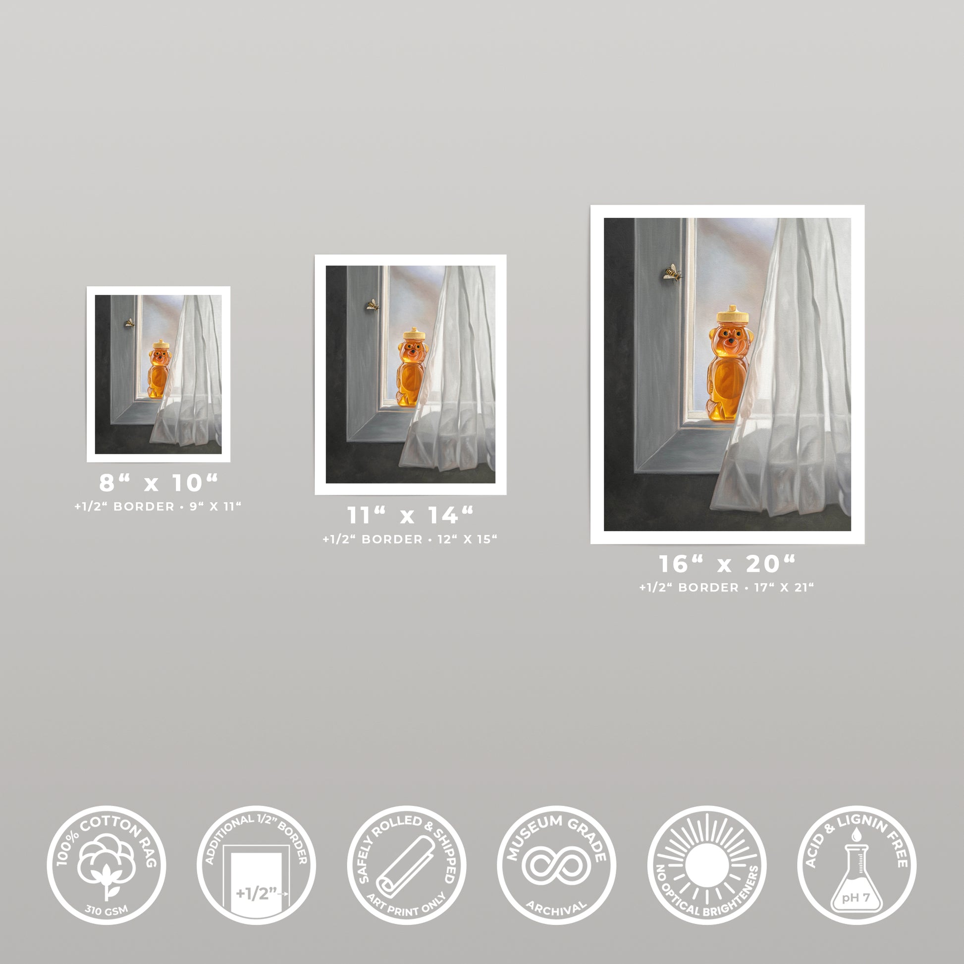 Three art prints of "Honey & Bee at the Window" in 8x10, 11x14, and 16x20 sizes, with a white border.