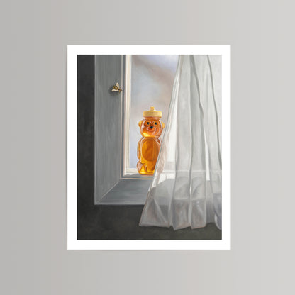 Fine art print of a honey bear jar on a sunlit window sill with a bee flying nearby and white curtain.