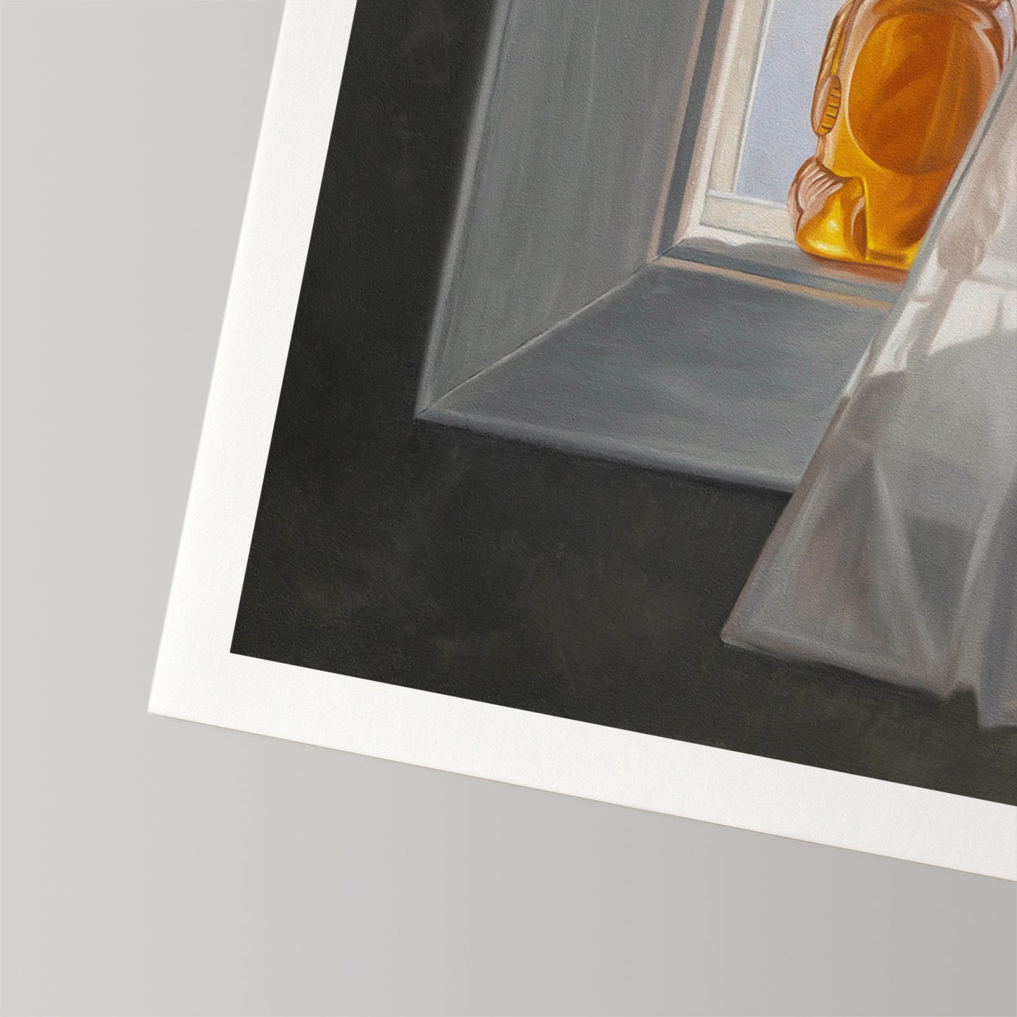 Fine art print of a honey pot and bee at a window, with a white border on cotton rag paper.
