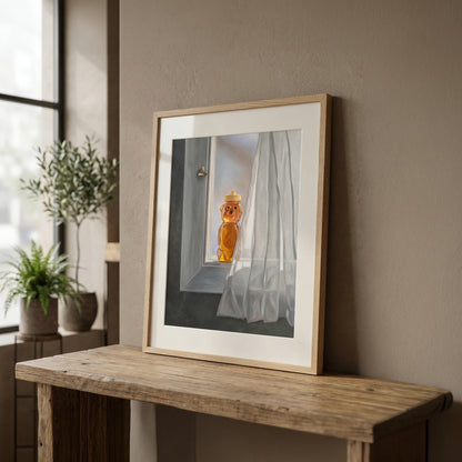 Framed fine art print of a honey bear bottle and bee by a window with white curtains, on a wooden table.
