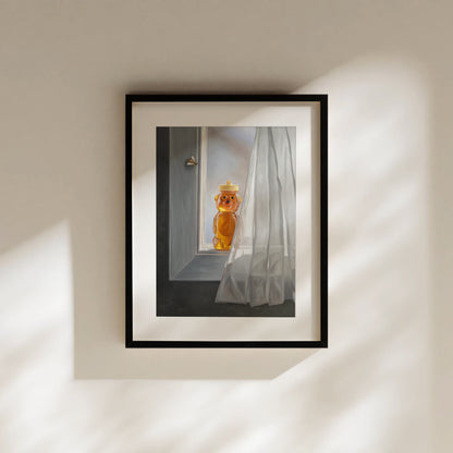 Framed fine art print of a honey bear jar and a bee at a window with sheer white curtains.