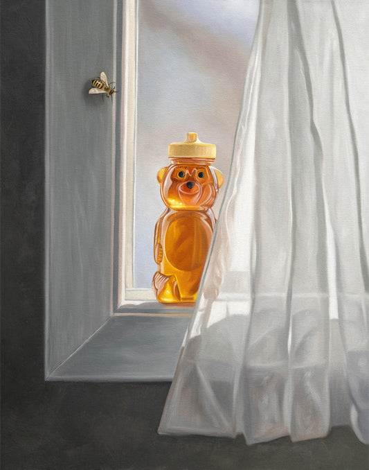 Realistic fine art print of a honey bear jar on a sunlit windowsill with a bee and sheer white curtain.