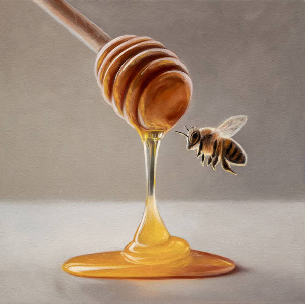 Honey dipper with honey dripping and a bee approaching on a neutral background