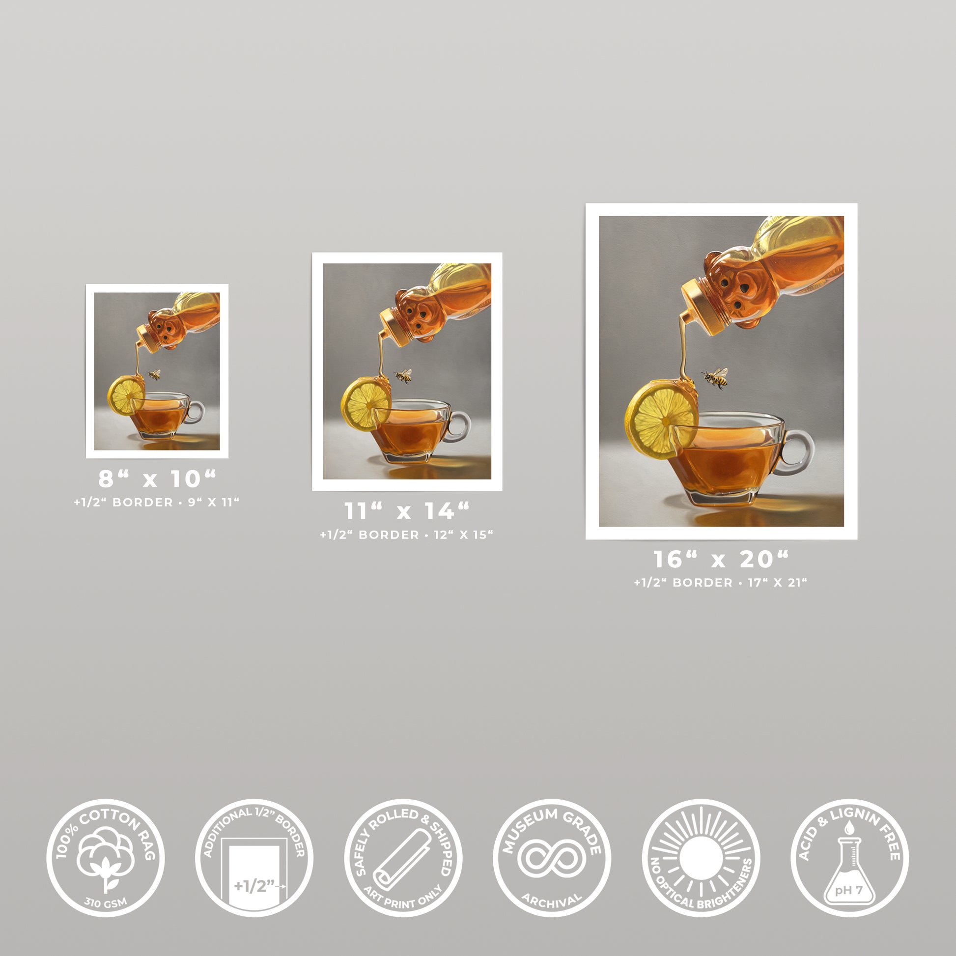 Three fine art prints of honey pouring into a tea cup with lemon and bees, shown in various sizes.