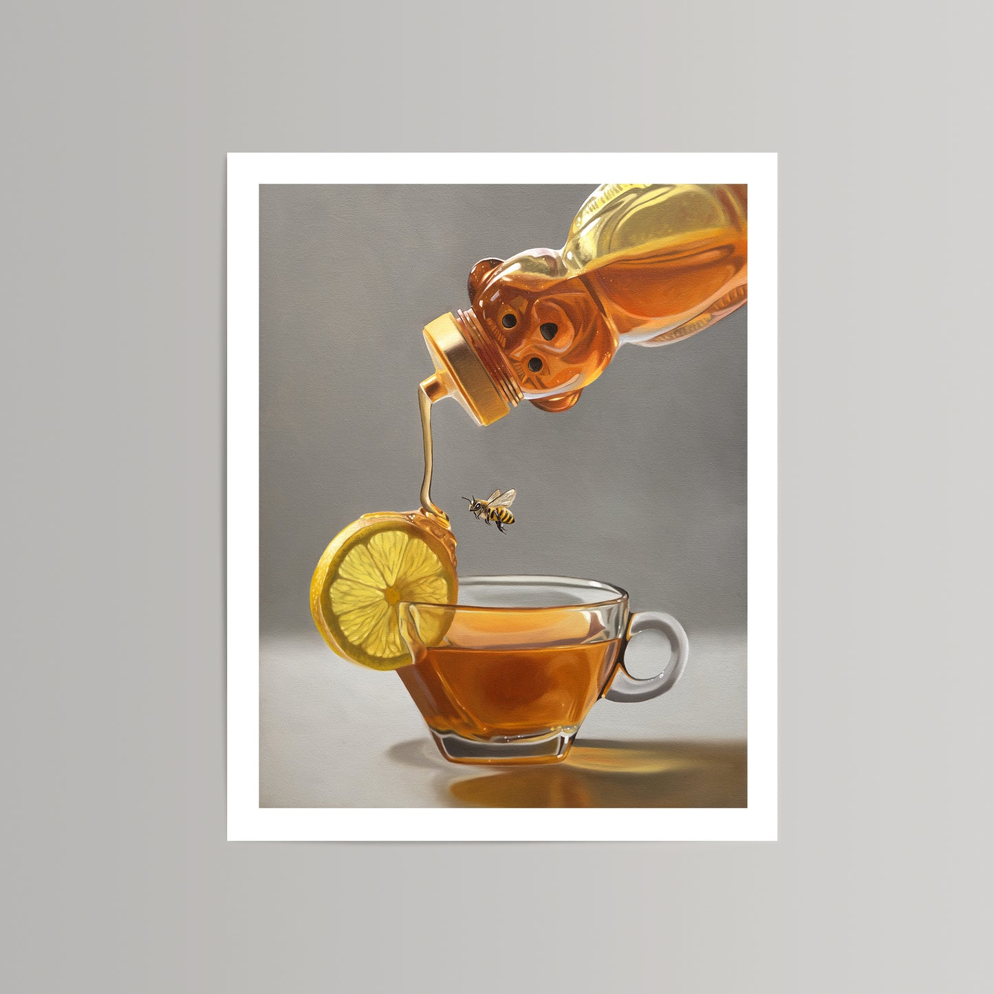 Vibrant fine art print of honey pouring onto a lemon slice over a teacup, with a bee flying nearby.