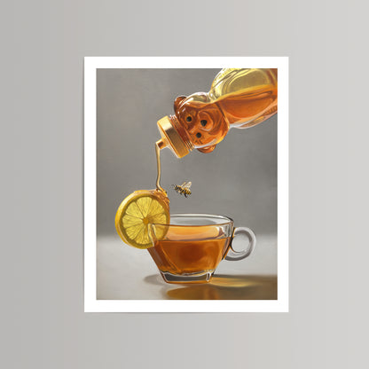 Vibrant fine art print of honey pouring onto a lemon slice over a teacup, with a bee flying nearby.