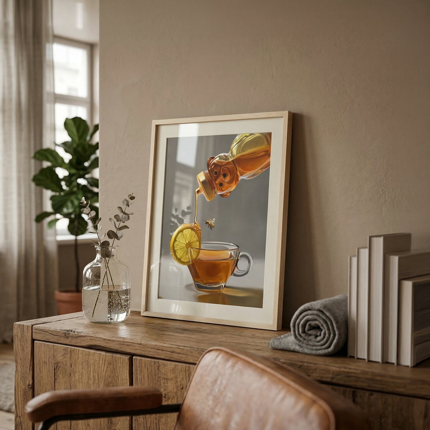 Framed art print of honey pouring into a tea cup with lemon and a bee, on a wooden dresser.