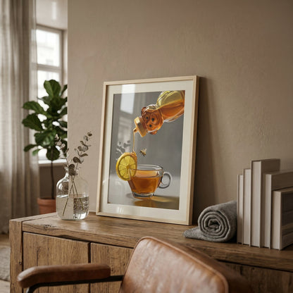 Framed art print of honey pouring into a tea cup with lemon and a bee, on a wooden dresser.