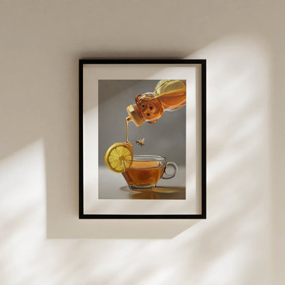 Framed fine art print of honey pouring into a tea cup with a lemon slice and bee.