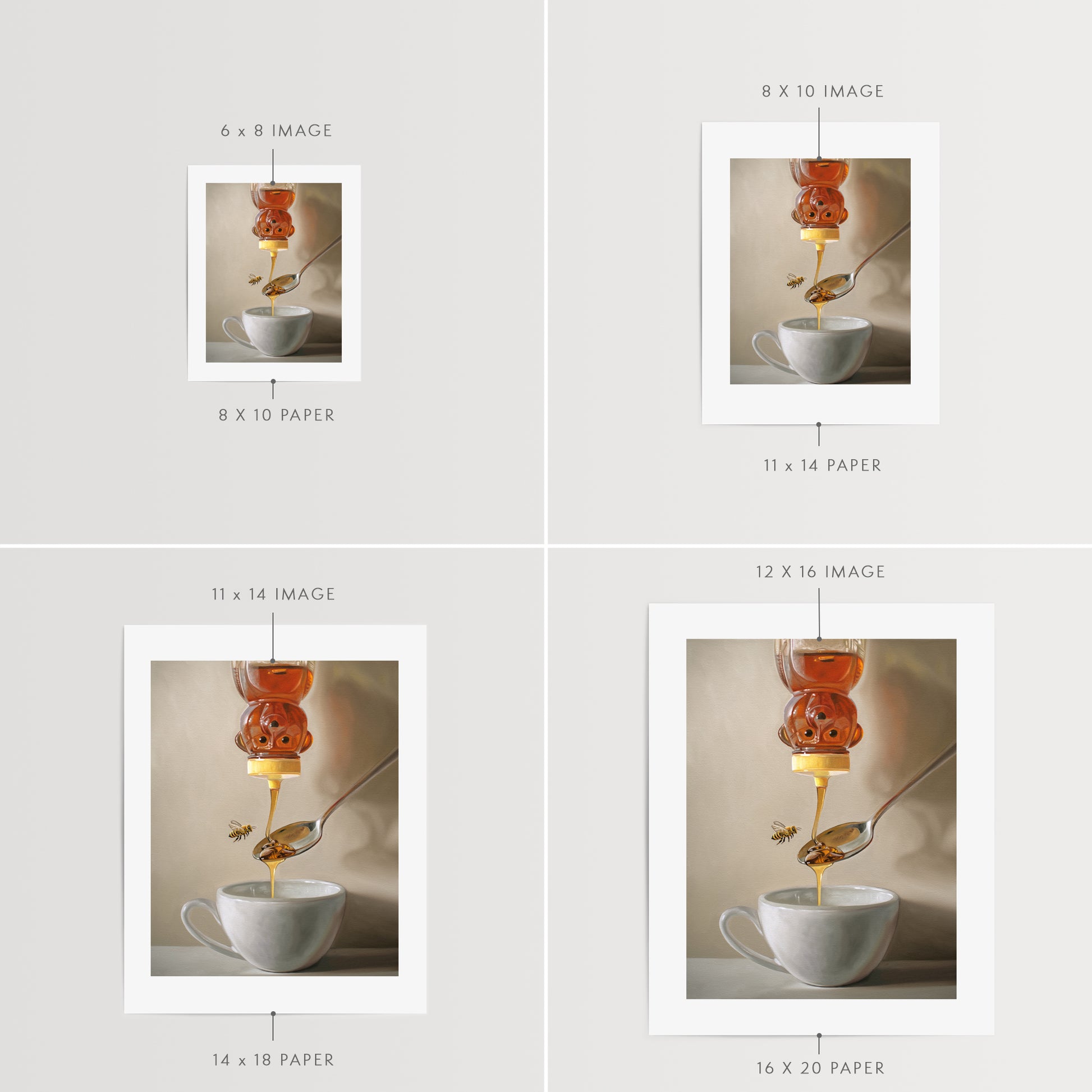 Honey, Bee, Spoon & Tea Fine Art Print by Lauren Pretorius: a classic honey bear bottle turned upside down whilst golden honey spills into a spoon and cup of tea below.