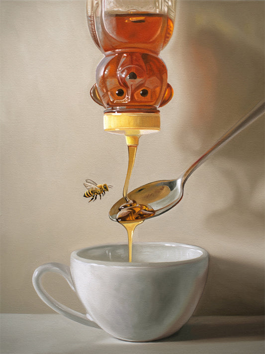 Honey, Bee, Spoon & Tea Fine Art Print by Lauren Pretorius: a classic honey bear bottle turned upside down whilst golden honey spills into a spoon and cup of tea below.