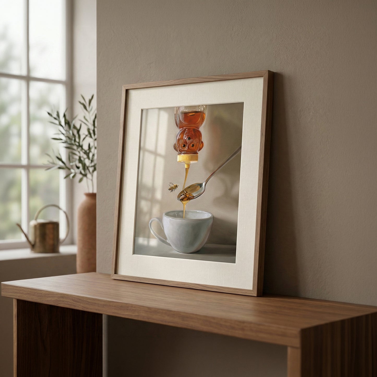 Framed fine art print depicting honey pouring from a bear bottle onto a spoon, with bees flying over a teacup.