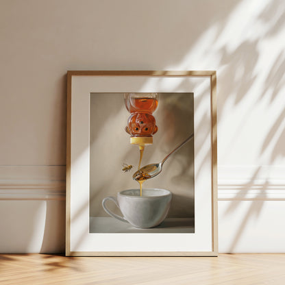 Framed fine art print of honey pouring from a bee-shaped dispenser onto a spoon, above a white teacup.